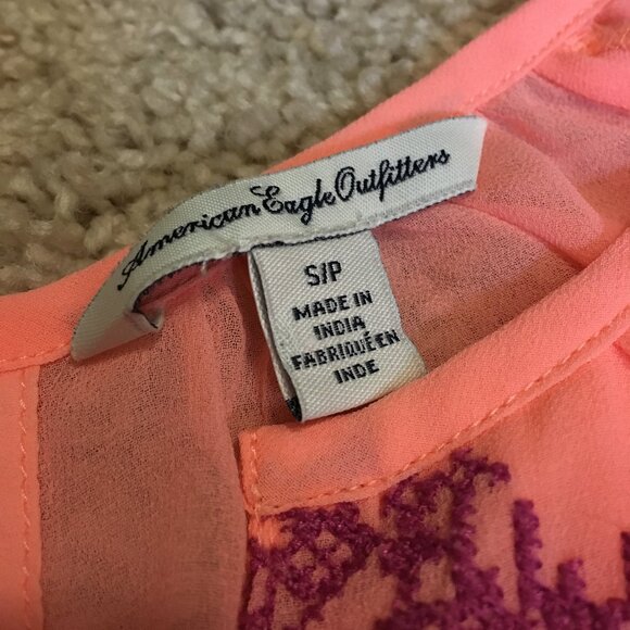 American Eagle Sheer Neon Orange Pink Bohemian Blouse - Picture 8 of 14